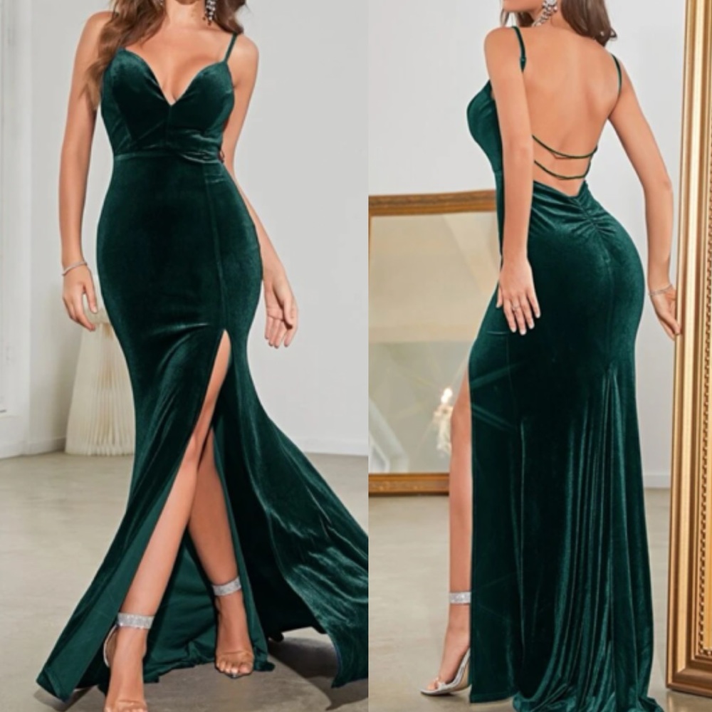 Luxe slit thigh open back party formal holidays velvet dress - Picture 10 of 10